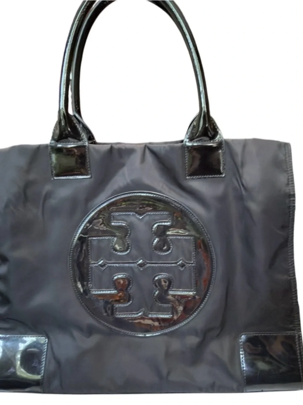 Tory Burch Black Nylon Tote with Patent Trim and Logo